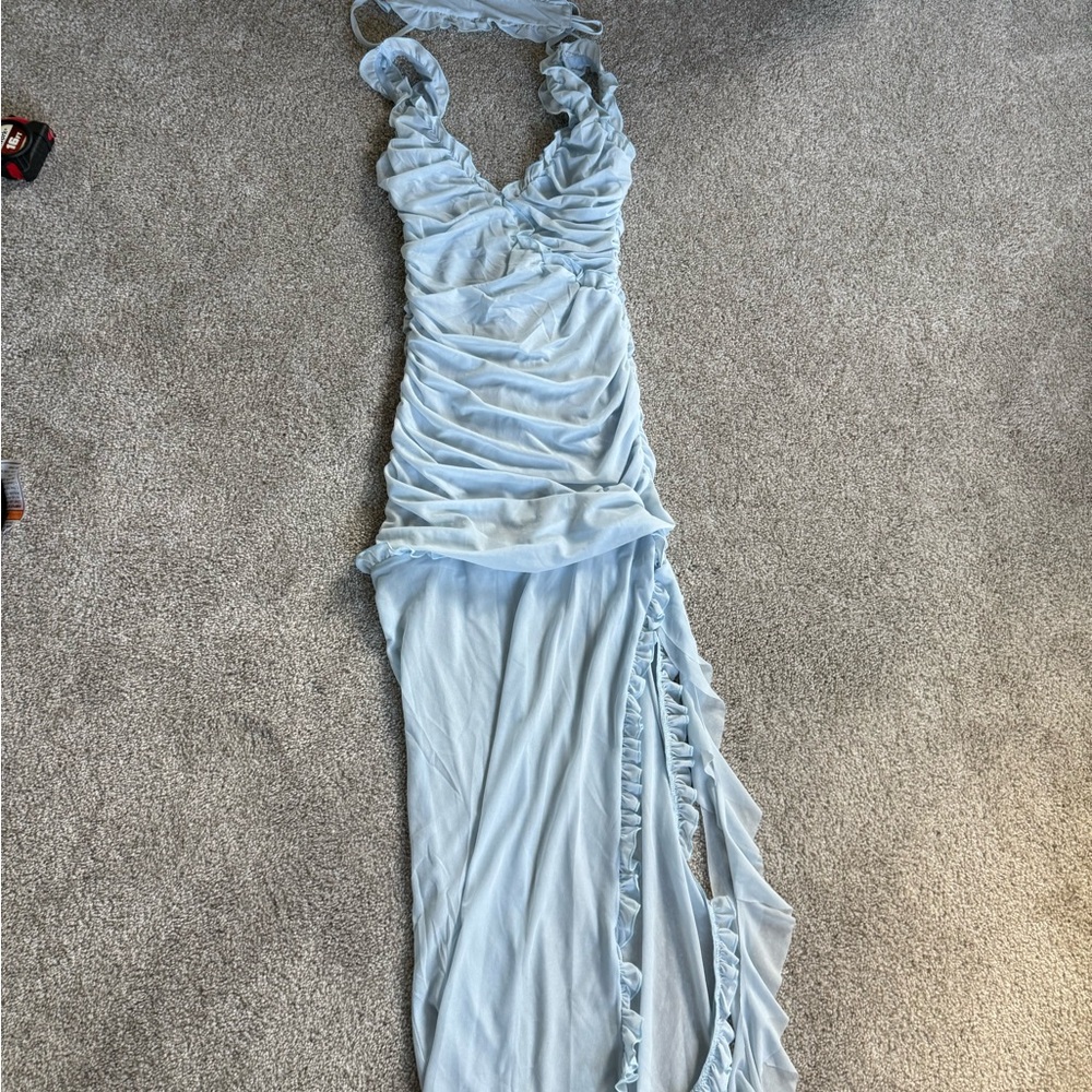 Elegant Light Blue Ruched Maxi Dress